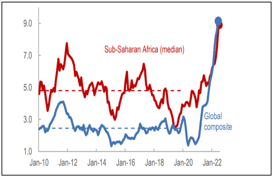 Sub-Saharan Africa: CPI Inflation, 2010–22 (Percent, year-on-year, dashed line = pre-COVID-19 average) Source: International Monetary Fund
